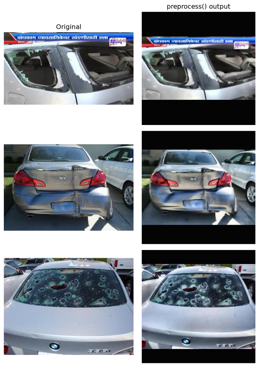 Before/after comparison of three real claim photos through the preprocessing pipeline